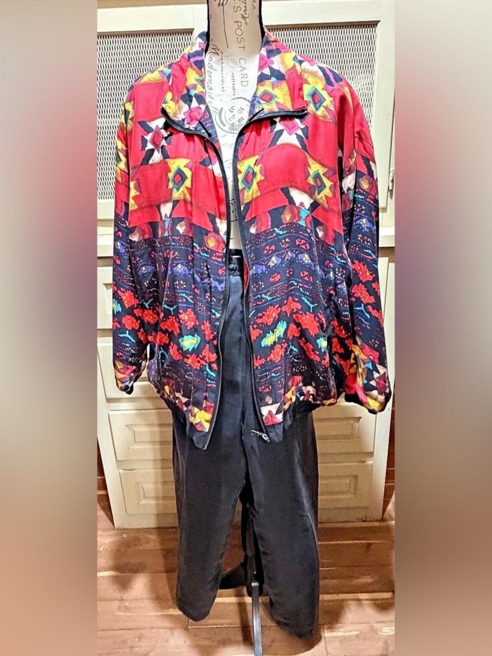 NWT Vintage Euro Joy Silk Track Suit XL Southwestern Geometric Pants Jacket Set